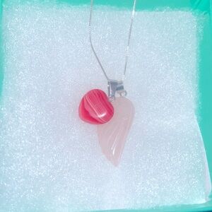 Boho hippie Rose Quartz Crystal Angel Wing & Heart Sterling Silver Necklace 16”